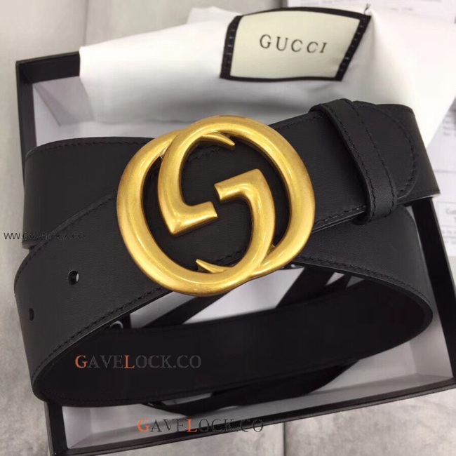 Gucci Men's Leather Belt Retro Gold GG Buckle Size 38mm